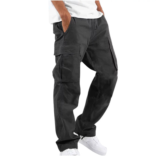 Cargos Men- Solid Casual Multiple Pockets Outdoor Straight Type Fitness Pants Cargo Pants Trousers Black